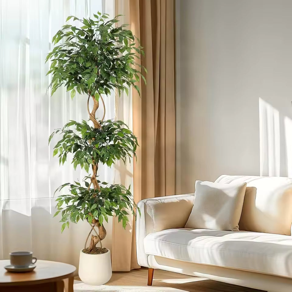 Ficus artificiel tronc incurvé avec pot blanc
