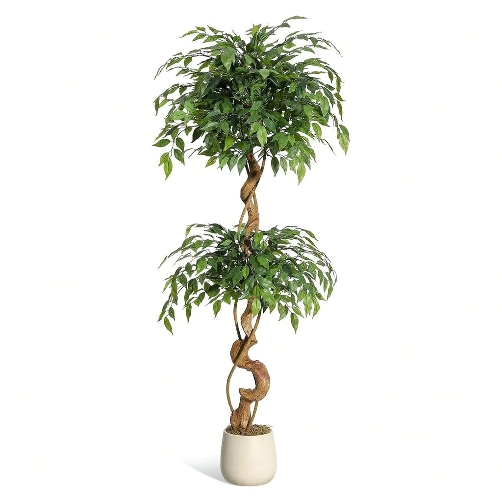 Ficus artificiel tronc incurvé avec pot blanc