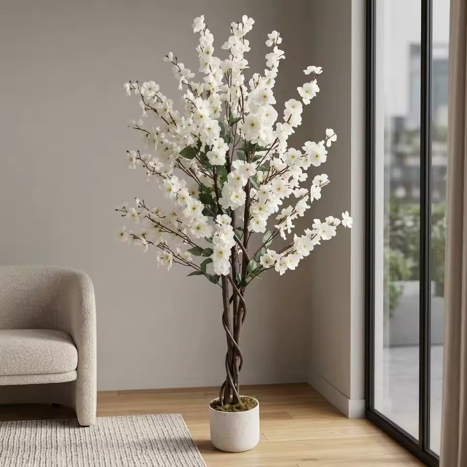 Prunier en fleurs blanches artificiel avec pot noir