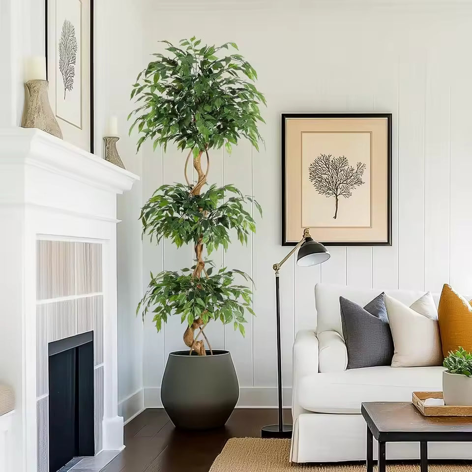 Ficus artificiel tronc incurvé avec pot blanc
