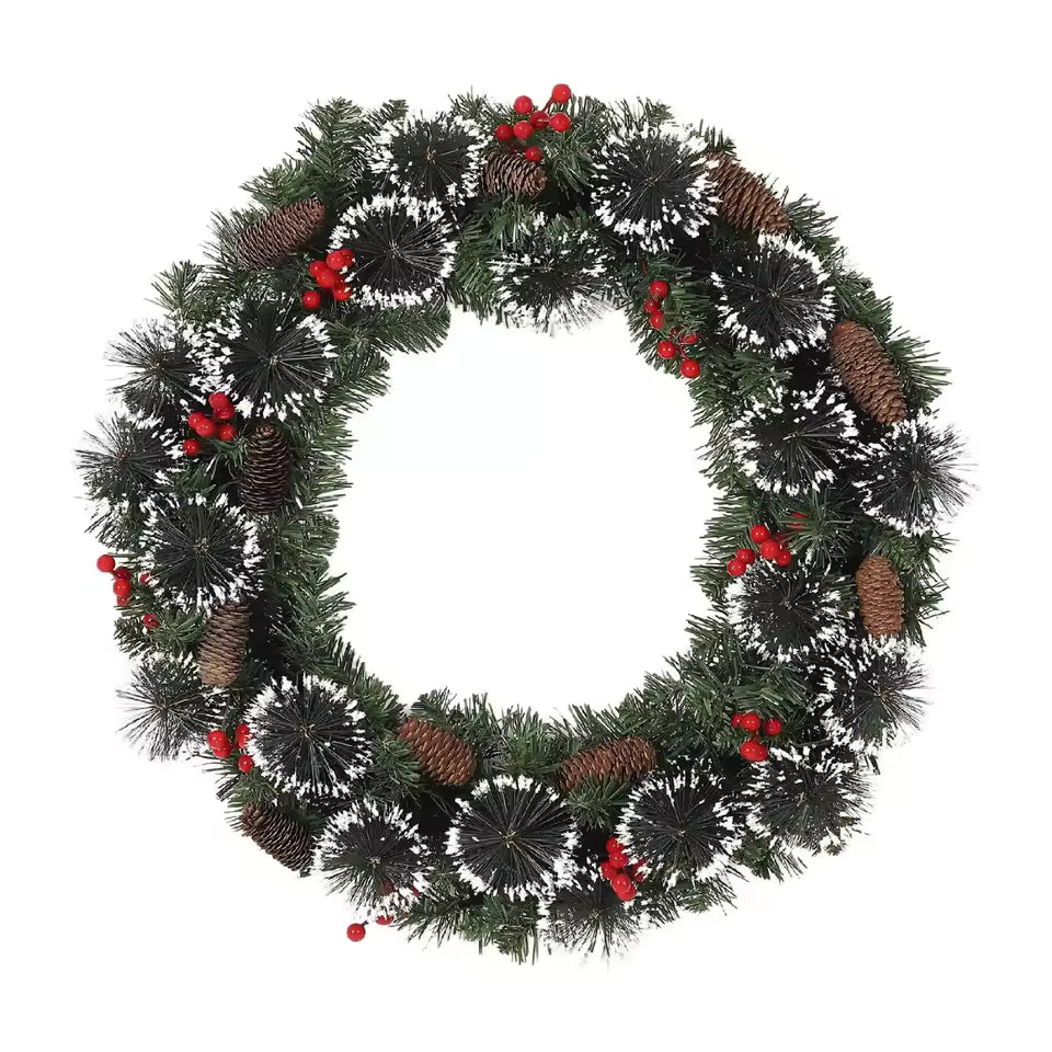 Couronne de Noël en houx artificiel, baies rouges et pommes de pin
