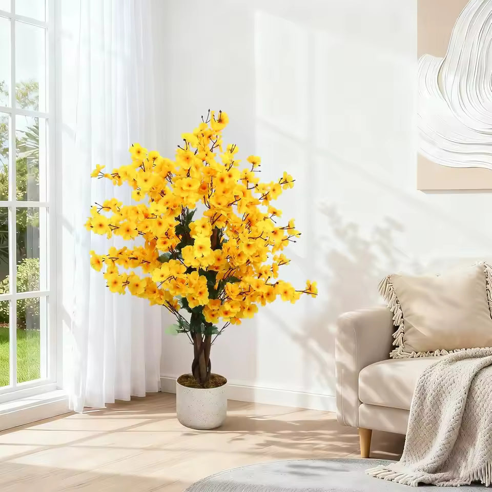 Prunier en fleurs jaunes artificiel avec pot noir