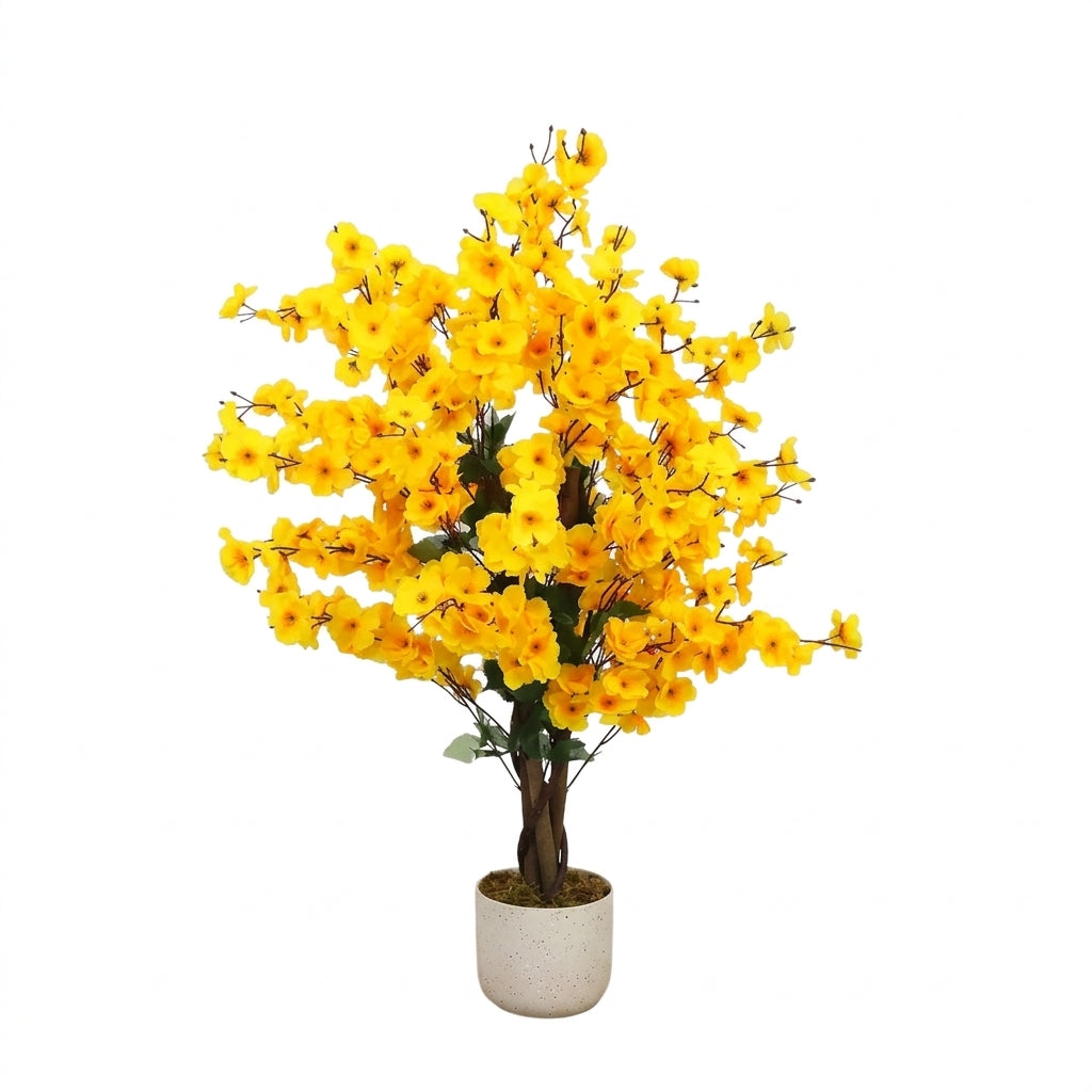 Prunier en fleurs jaunes artificiel avec pot noir